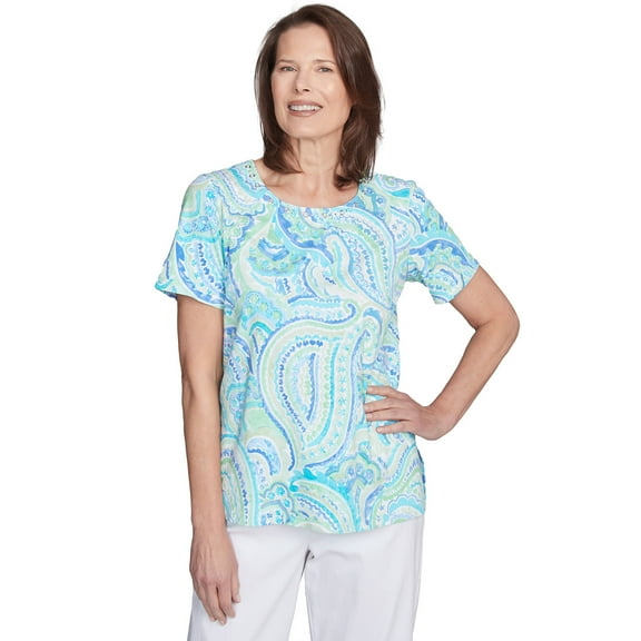 Alfred Dunner Womens Petite Pleated Crew Neck Paisley Top