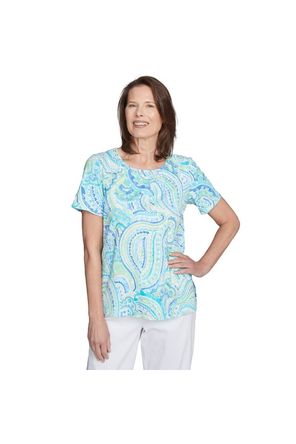 Womens Petite Pleated Crew Neck Paisley Top