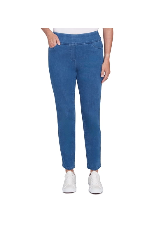 Petite Alfred Dunner Super Stretch Pull-On Straight-Leg Denim Pants Color: Medium Denim Size: 16P-SHORT