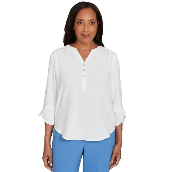 Alfred Dunner Womens Petite Tie Sleeve Crinkle Textured Henley Top
