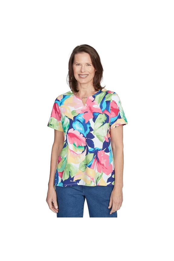 Womens Petite Tropical Leaf Split Beaded Neck Top