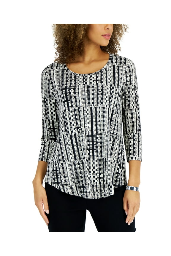 Petite Basket Texture Three-Quarter Length Sleeve Top  Deep Black Combo PL
