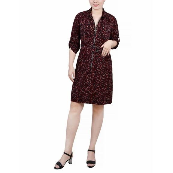 Petite Belted Roll Tab Zip Front Shirtdress Black Red Icemoon PXL