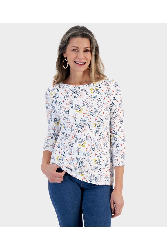 Petite Boat-Neck 3/4-Sleeve Top Bright White PL
