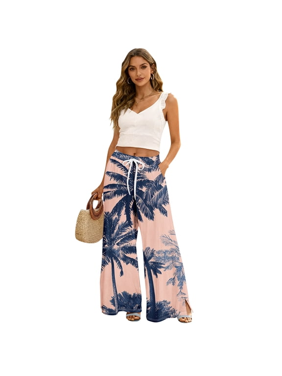 Petite Boho Print Palazzo Pants for Women High Waist Wide Leg Dressy Beach Vacation Trousers Light pink M