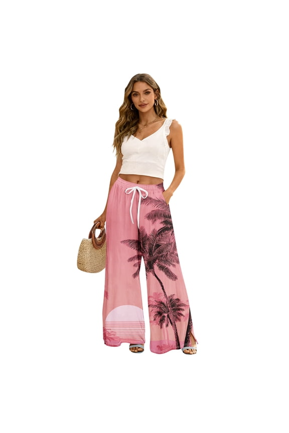 Petite Boho Print Palazzo Pants for Women High Waist Wide Leg Dressy Beach Vacation Trousers Pink S