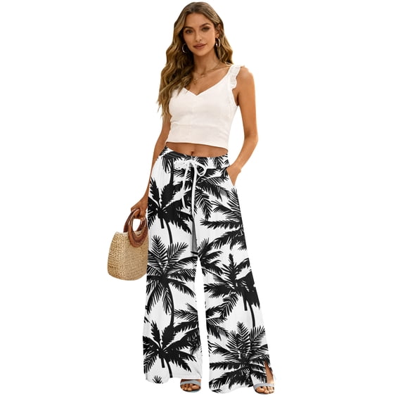 Petite Boho Print Palazzo Pants for Women High Waist Wide Leg Dressy Beach Vacation Trousers White M