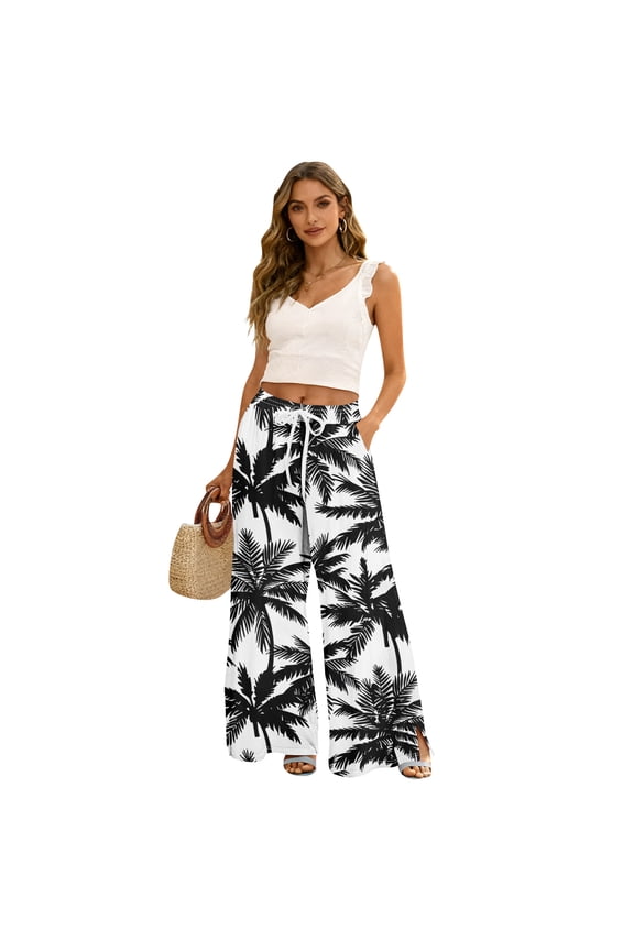 Petite Boho Print Palazzo Pants for Women High Waist Wide Leg Dressy Beach Vacation Trousers White XL