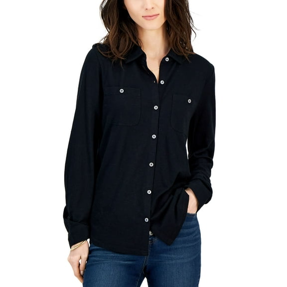 Petite Button-Front Collared Knit Shirt Deep Black PS