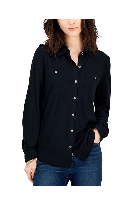 Petite Button-Front Collared Knit Shirt Deep Black PS
