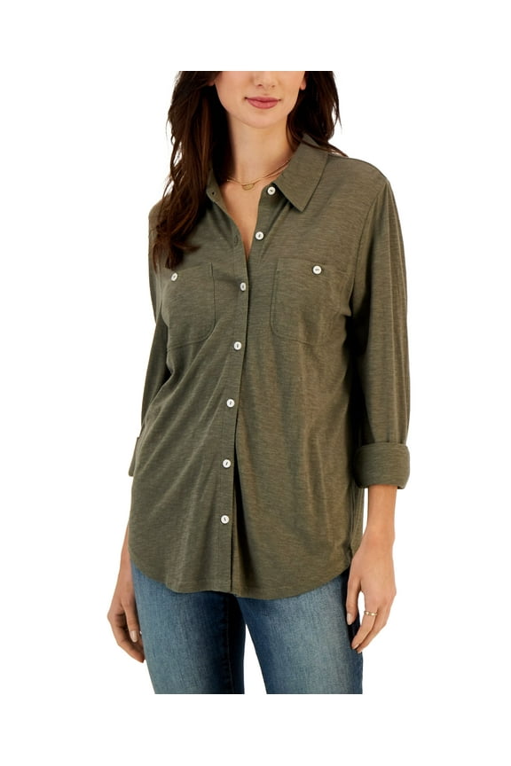 Petite Button-Front Collared Knit Shirt Olive Drab PL