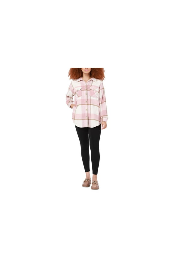 Petite Button Front Plaid Shacket Pink Taupe Plaid PS
