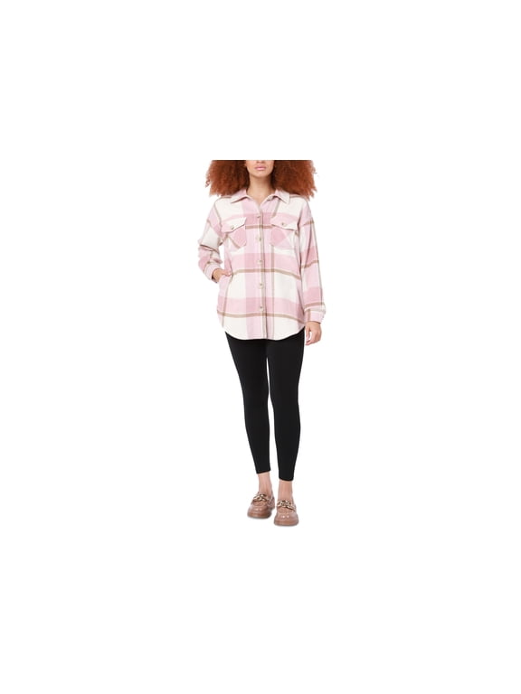 Petite Button Front Plaid Shacket Pink Taupe Plaid PS