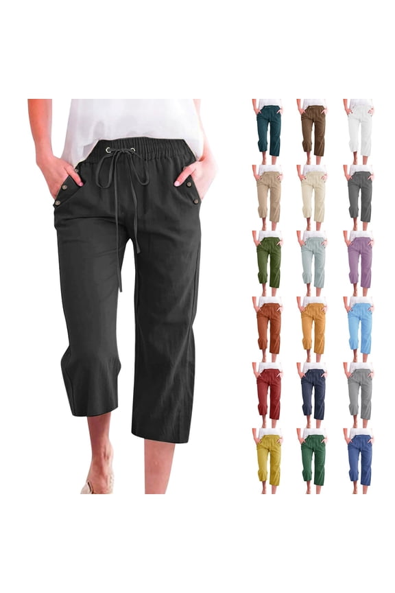 Petite Capri Pants for Women with Pockets - High Waist Elastic Drawstring Lightweight Capris Casual Loose Fit Summer Beachwear Clothing Dark Gray, Size M