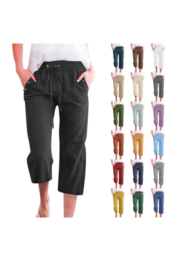 Petite Capri Pants for Women with Pockets - High Waist Elastic Drawstring Lightweight Capris Casual Loose Fit Summer Beachwear Clothing Grey, Size XXXL