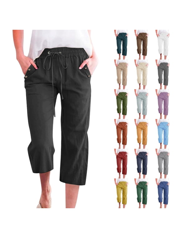Petite Capri Pants for Women with Pockets - High Waist Elastic Drawstring Lightweight Capris Casual Loose Fit Summer Beachwear Clothing Grey, Size XXXXL