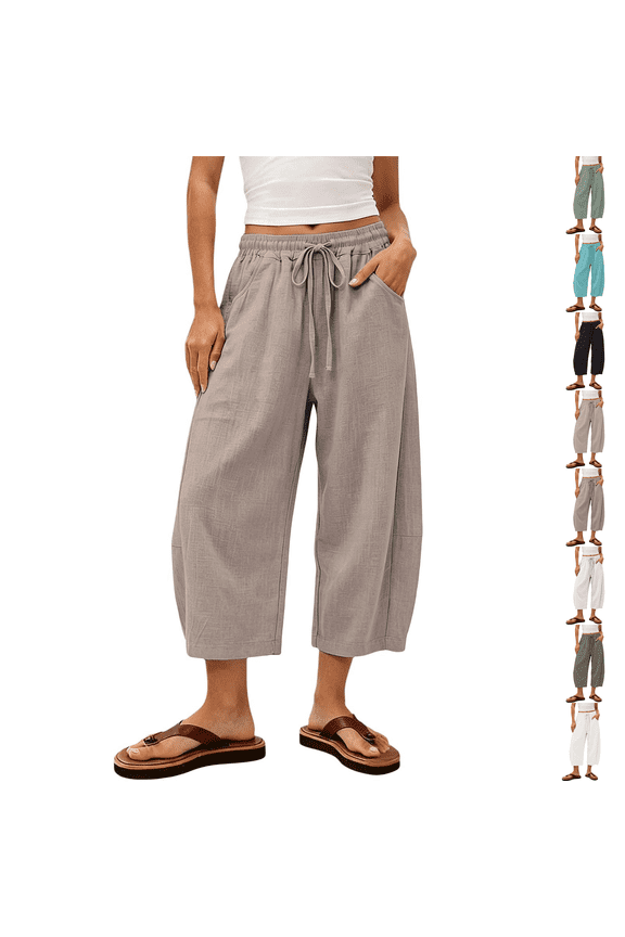 Petite Capri Pants Womens Wide Leg Palazzo 2026 Summer Casual Pull on High Waisted Barrel Lounge Flowy Cropped Beach Work Trousers Khaki S
