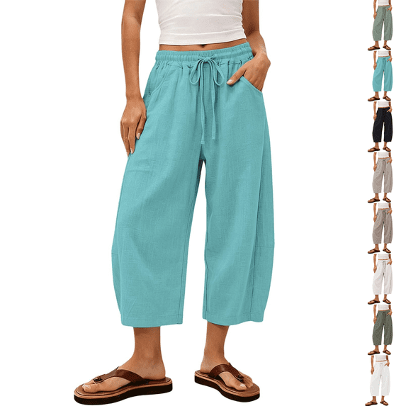 Petite Capri Pants Womens Wide Leg Palazzo 2026 Summer Casual Pull on High Waisted Barrel Lounge Flowy Cropped Beach Work Trousers Mint Green XL