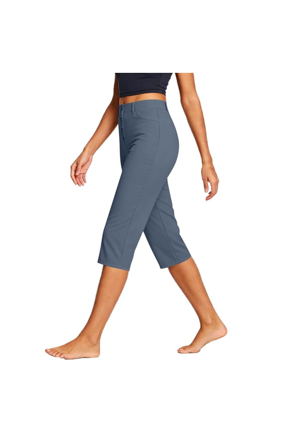 Petite Capri Pants for Women Dressy Pull On Pants Slim Fit High Waist with Pockets Stretch Gaucho Casual Work Pants Gray L