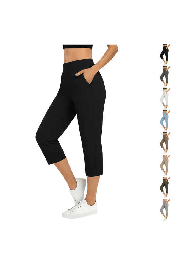 Petite Capri Pants for Women High Waist Pull on Workout Yoga Pants with Pockets Tummy Control Leggings Crop Straight Athletic Trouser Black M