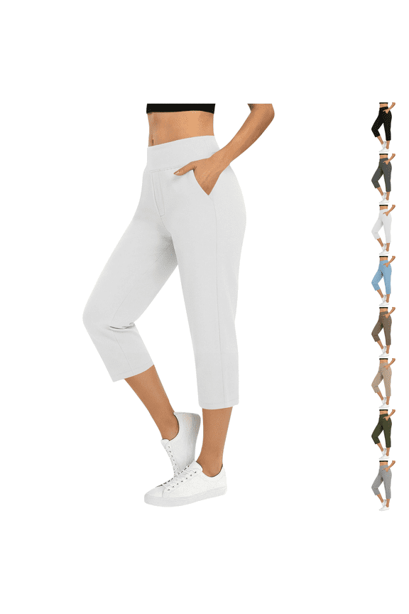 Petite Capri Pants for Women High Waist Pull on Workout Yoga Pants with Pockets Tummy Control Leggings Crop Straight Athletic Trouser White M