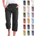 thumbnail image 1 of Petite Capri Pants for Women with Pockets - High Waist Elastic Drawstring Lightweight Capris Casual Loose Fit Summer Beachwear Clothing Navy, Size L, 1 of 5