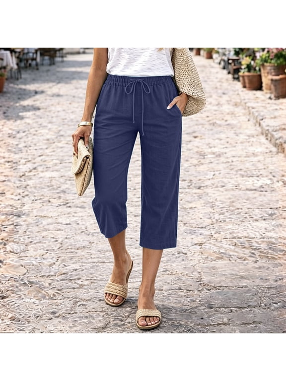 Petite Capris Pants for Women Cotton Linen Casual Summer Straight Wide Leg Loose Drawstring Elastic Waist Cropped Trouser Navy S