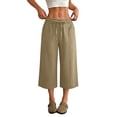 thumbnail image 1 of Petite Capris Pants for Women Cotton Linen Casual Summer Straight Wide Leg Loose Pull on Below Knee Drawstring Elastic Waist Cropped Trouser Khaki L, 1 of 5