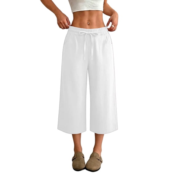 Petite Capris Pants for Women Cotton Linen Casual Summer Straight Wide Leg Loose Pull on Below Knee Drawstring Elastic Waist Cropped Trouser White S