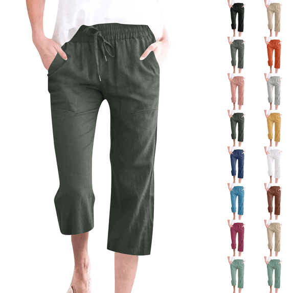 Petite Capris Pants for Women Drawstring Elastic Waist Cotton Linen Cropped Trousers With Pockets Summer Loose Straight Army Green L