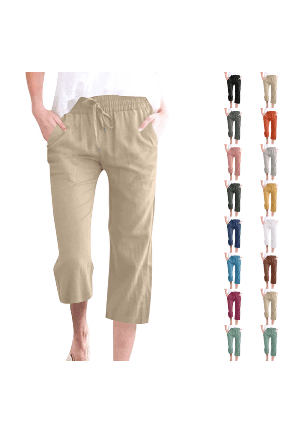 Petite Capris Pants for Women Drawstring Elastic Waist Cotton Linen Cropped Trousers With Pockets Summer Loose Straight Beige S