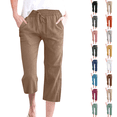 thumbnail image 1 of Petite Capris Pants for Women Drawstring Elastic Waist Cotton Linen Cropped Trousers With Pockets Summer Loose Straight Light Brown S, 1 of 7