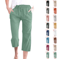 thumbnail image 1 of Petite Capris Pants for Women Drawstring Elastic Waist Cotton Linen Cropped Trousers With Pockets Summer Loose Straight Mint Green S, 1 of 7
