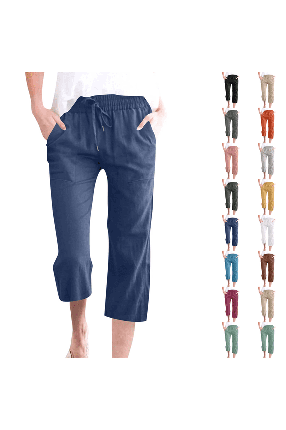 Petite Capris Pants for Women Drawstring Elastic Waist Cotton Linen Cropped Trousers With Pockets Summer Loose Straight Navy S