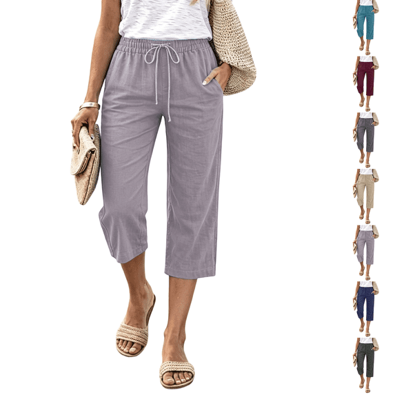 Petite Capris Pants for Women Summer Casual Loose Pull on Drawstring Elastic High Waist Straight 2026 Lounge Beach Cropped Trousers Light Gray XL