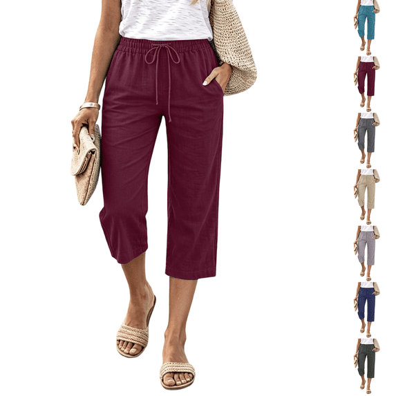 Petite Capris Pants for Women Summer Casual Loose Pull on Drawstring Elastic High Waist Straight 2026 Lounge Beach Cropped Trousers Wine M