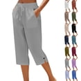 thumbnail image 1 of Petite Capris for Women with Pockets Cotton Linen Casual Summer 2026 Mid-calf Length Straight Wide Leg Loose Drawstring Elastic Waist Cropped Trouser Gray L, 1 of 8