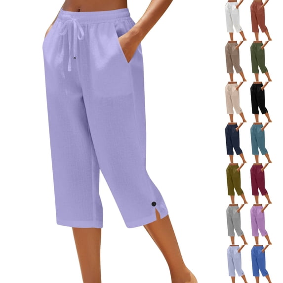 Petite Capris for Women with Pockets Cotton Linen Casual Summer 2026 Mid-calf Length Straight Wide Leg Loose Drawstring Elastic Waist Cropped Trouser Light Purple XL