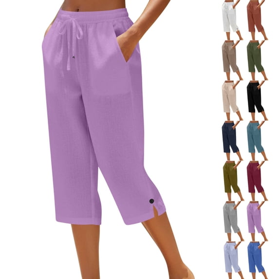 Petite Capris for Women with Pockets Cotton Linen Casual Summer 2026 Mid-calf Length Straight Wide Leg Loose Drawstring Elastic Waist Cropped Trouser Purple L