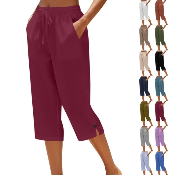 Petite Capris for Women with Pockets Cotton Linen Casual Summer 2026 Mid-calf Length Straight Wide Leg Loose Drawstring Elastic Waist Cropped Trouser Wine S