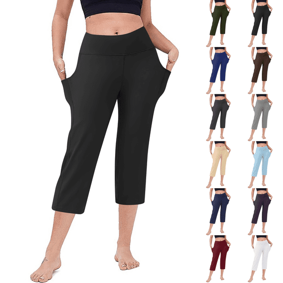 Petite Capris for Women with Pockets Below Knee Pull on Athletic Yoga Capri Leggings High Waist Straight Leg Exercise Workout Summer Crop Pants Black 3XL