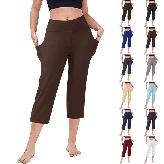 Petite Capris for Women with Pockets Below Knee Pull on Athletic Yoga Capri Leggings High Waist Straight Leg Exercise Workout Summer Crop Pants Brown 2XL