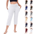 thumbnail image 1 of Petite Capris for Women with Pockets Below Knee Pull on Athletic Yoga Capri Leggings High Waist Straight Leg Exercise Workout Summer Crop Pants White S, 1 of 4