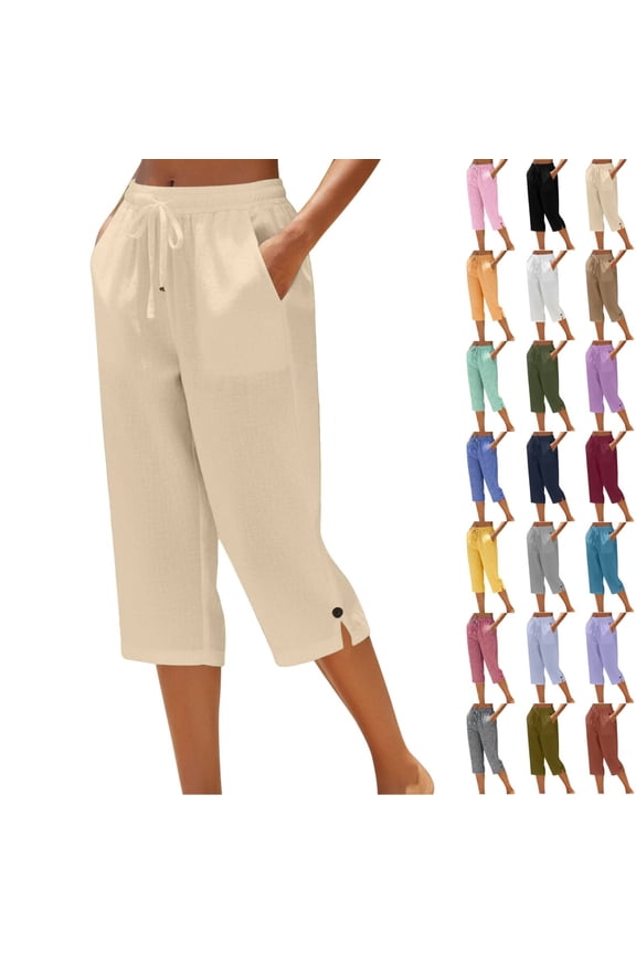 Petite Capris for Women with Pockets Linen Lightweight Dressy Casual Wide Straight Leg Elastic Waist Cropped Pant Summer Pull on Ladies Palazzo Capri Pants Beige XL