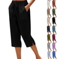 thumbnail image 1 of Petite Capris for Women with Pockets Linen Lightweight Dressy Casual Wide Straight Leg Elastic Waist Cropped Pant Summer Pull on Ladies Palazzo Capri Pants Black M, 1 of 7