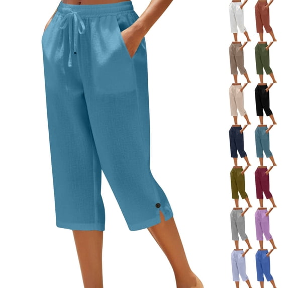 Petite Capris for Women with Pockets Linen Lightweight Dressy Casual Wide Straight Leg Elastic Waist Cropped Pant Summer Pull on Ladies Palazzo Capri Pants Blue M