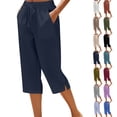 thumbnail image 1 of Petite Capris for Women with Pockets Linen Lightweight Dressy Casual Wide Straight Leg Elastic Waist Cropped Pant Summer Pull on Ladies Palazzo Capri Pants Navy 3XL, 1 of 7