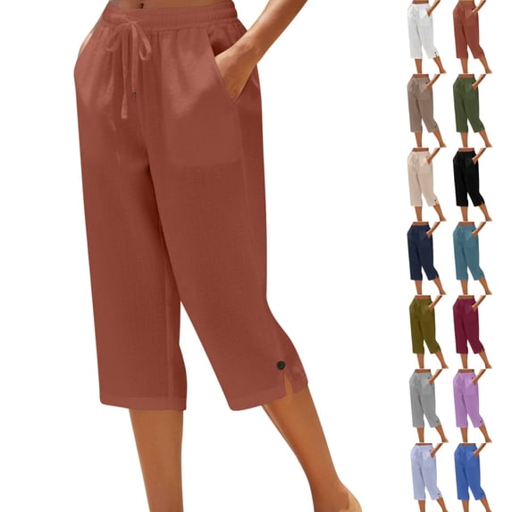 Petite Capris for Women with Pockets Linen Lightweight Dressy Casual Wide Straight Leg Elastic Waist Cropped Pant Summer Pull on Ladies Palazzo Capri Pants Red 2XL