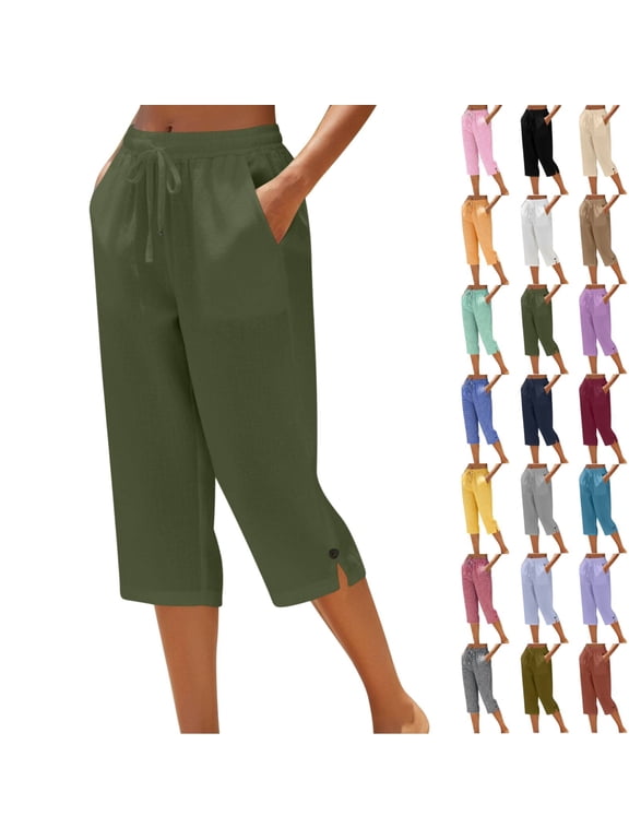 Petite Capris for Women with Pockets Linen Lightweight Dressy Casual Wide Straight Leg Elastic Waist Cropped Pant Summer Pull on Ladies Palazzo Capri Pants,XL,3# Army Green