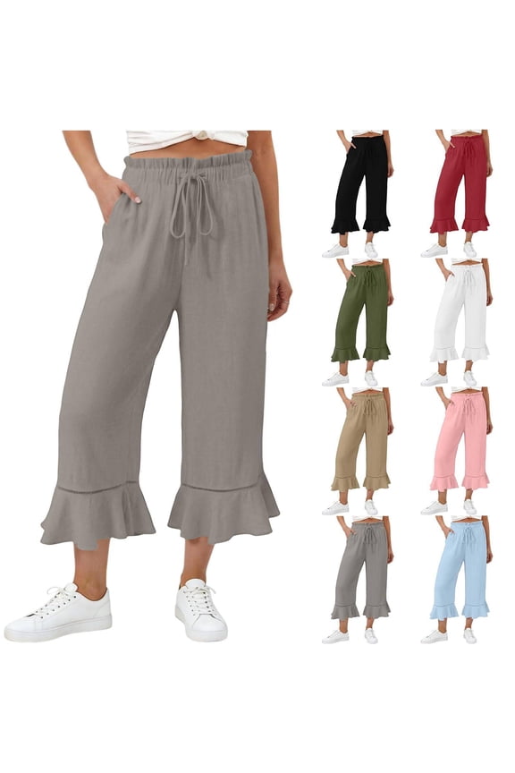 Petite Capris for Women Length Capri Pants Pull On High Waisted Wide Leg Ruffle Hem Cropped Pant Casual Drawstring Pants with Pockets Gray S